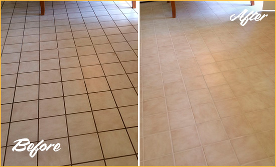 Before and After Picture of a Athenia Kitchen Tile and Grout Cleaned to Remove Embedded Dirt