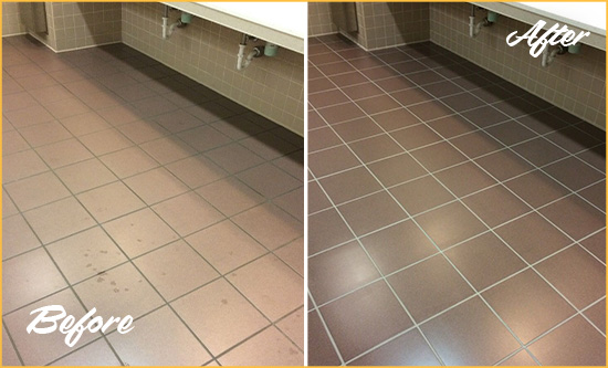 Before and After Picture of a Hoboken Restrooms Tile and Grout Cleaned to Remove Embedded Dirt