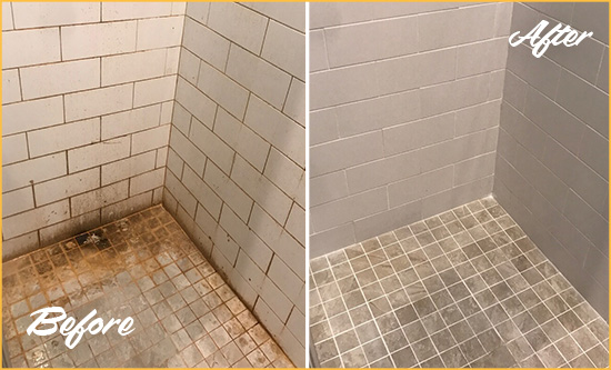 Before and After Picture of a Irvington Shower Tile and Grout Cleaned to Eliminate Mold and Stains