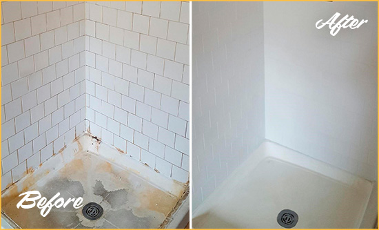 Before and After Picture of a Belleville Shower Tile and Grout Cleaned to Remove Soap Scum