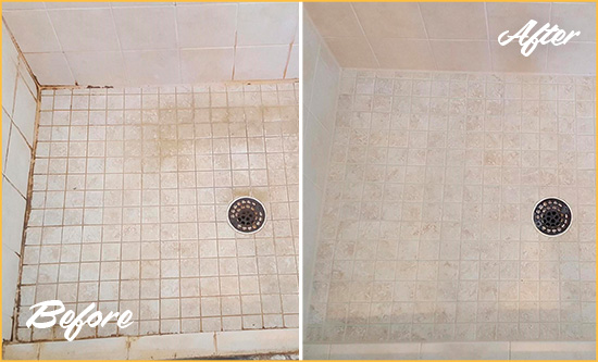 Before and After Picture of a Morristown Shower Caulked to Fix Cracks