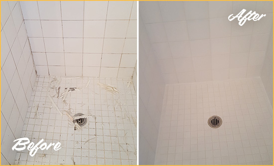 Before and After Picture of a Suffern Bathroom Re-Caulked To Repair Damaged Caulking