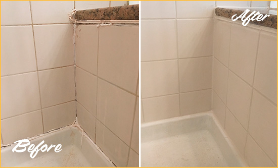 Before and After Picture of a Bayonne Shower Caulked to Repair Damaged Caulking