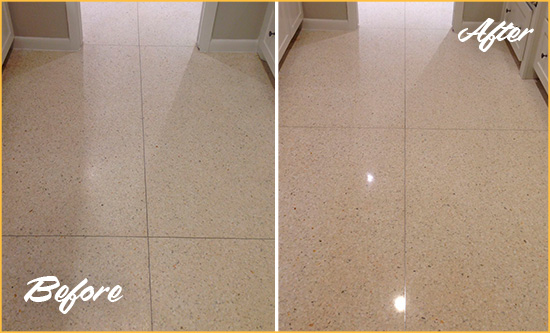Before and After Picture of a Orange Granite Stone Floor Polished to Repair Dullness