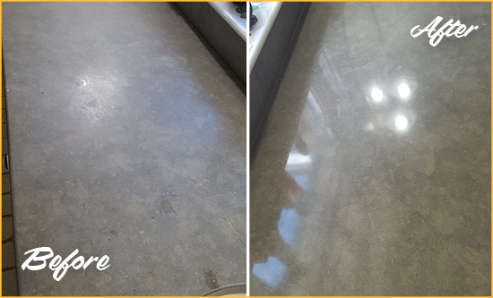Before and After Picture of a Dull Rockaway Boro Limestone Countertop Polished to Recover Its Color