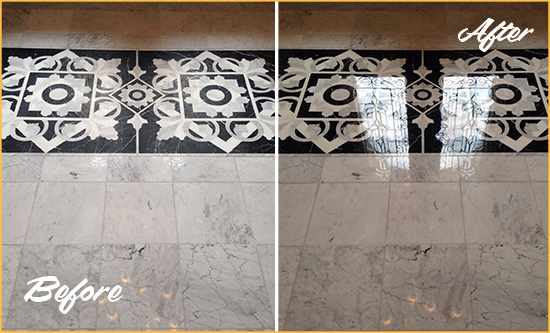 Before and After Picture of a Franklin Lakes Marble Stone Floor Polished to a Mirror Shine