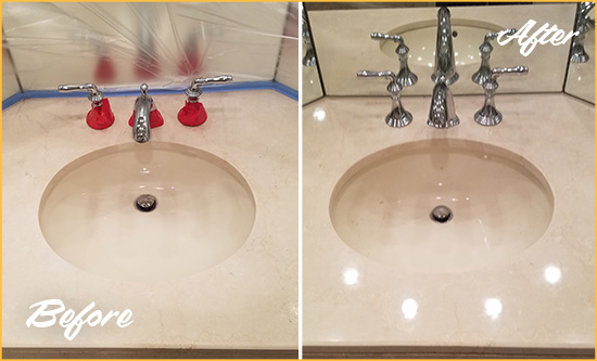 Before and After Picture of a Dull Demarest Marble Stone Vanity Top Polished to Bring-Back Its Sheen