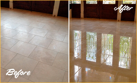 Before and After Picture of a Dull Morris Plains Travertine Stone Floor Polished to Recover Its Gloss