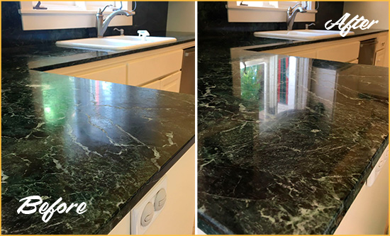 Before and After Picture of a Weehawken Marble Stone Counter Polished to Eliminate Water Marks
