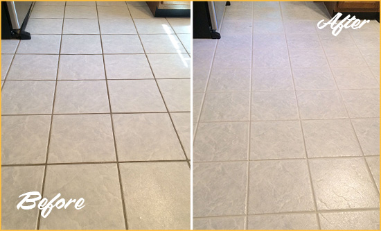Before and After Picture of a Rutherford Kitchen Ceramic Floor Sealed to Protect From Dirt and Spills