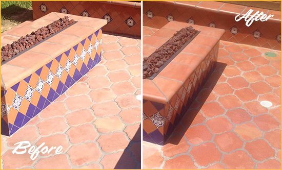 Before and After Picture of a Dull Carlstadt Terracotta Patio Floor Sealed For UV Protection
