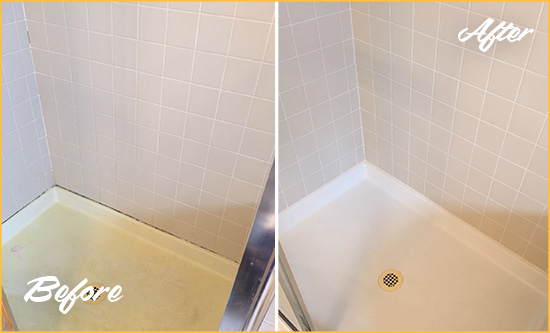 Before and After Picture of a Montville Shower Sealed to Remove and Protect Against Mold