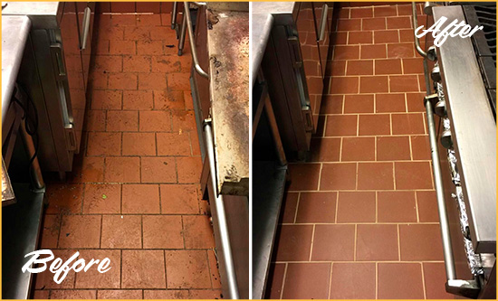 Before and After Picture of a Clark Restaurant Kitchen Floor Sealed to Remove Soil