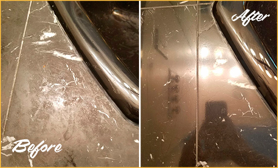 Before and After Picture of a Closter Marble Countertop Cleaned to Remove Deep Dirt