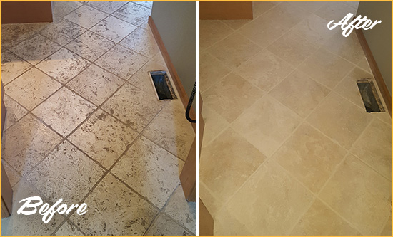 Before and After Picture of a Park Ridge Kitchen Marble Floor Cleaned to Remove Embedded Dirt