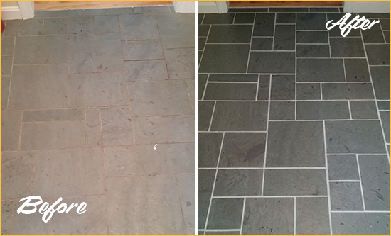 Before and After Picture of a Caldwell Slate Floor Cleaned to Remove Deep-Seated Dirt