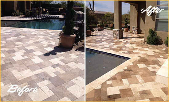 Before and After Picture of a Dull Washington Township Travertine Pool Deck Cleaned to Recover Its Original Colors