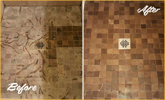Before and After Picture of a Stained Nyack Marble Shower Floor Cleaned to Remove Etching