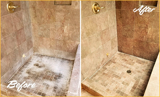 Before and After Picture of a West Caldwell Travertine Shower Cleaned to Eliminate Water Spots