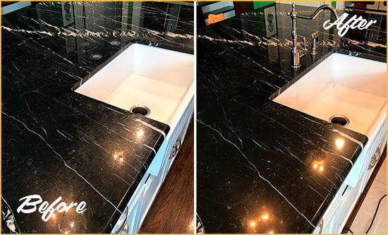 Before and After Picture of a Wallington Marble Kitchen Countertop Stone Sealed to Avoid Water Damage