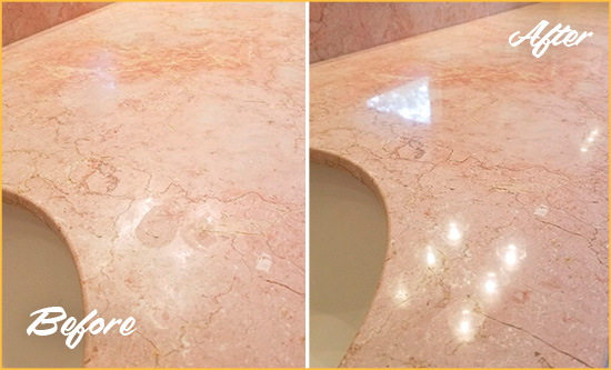Before and After Picture of a Spring Valley Marble Stone Vanity Top Sealed to Avoid Water Marks