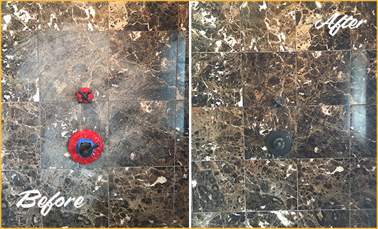Before and After Picture of a Victory Gardens Marble Shower Honed to Remove Scratches