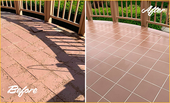 Before and After Picture of a Haskell Hard Surface Restoration Service on a Tiled Deck