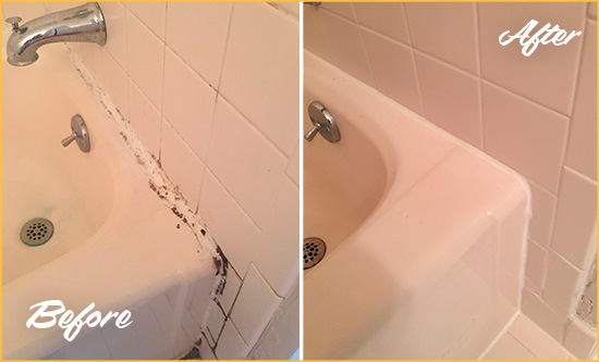 Before and After Picture of a Cresskill Hard Surface Restoration Service on a Tile Shower to Repair Damaged Caulking