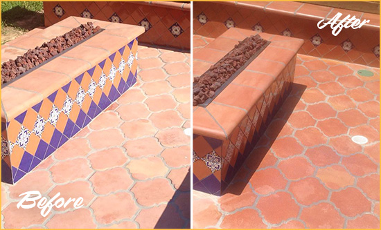 Before and After Picture of a Harding Hard Surface Restoration Service on a Dull Terracotta Patio Floor to Recover Its Color