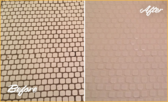 Before and After Picture of a Fairfield Hard Surface Restoration Service on a Bathroom Tile Floor Recolored to Fix Grout Color