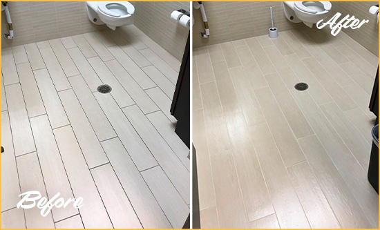Before and After Picture of a Stonetown Office Restroom's Grout Cleaned to Remove Dirt