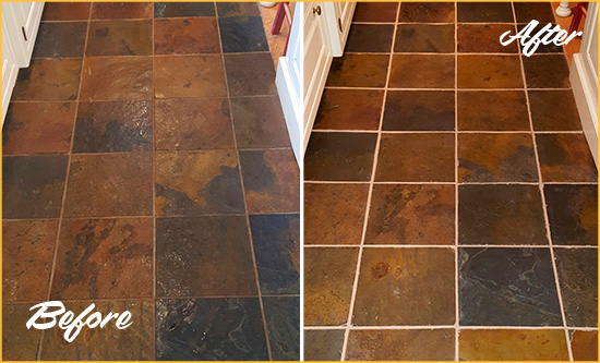 Before and After Picture of The Oranges Slate Floor Grout Cleaned to Remove Dirt