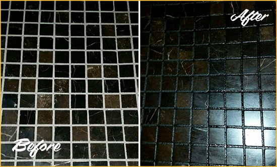 Before and After Picture of a Hillburn Black Floor with Recolored Grout