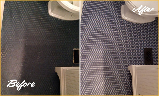 Before and After Picture of a The Caldwells Blue Tile Floor Recolored Grout