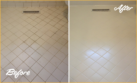 Before and After Picture of a Wharton White Bathroom Floor Grout Sealed for Extra Protection