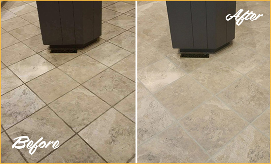 Before and After Picture of a Pearl River Kitchen Floor Grout Sealed to Remove Stains