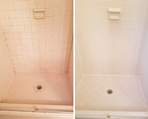 Before and After Picture of a Tile Shower Grout Cleaning Service in Franklin Lakes, New Jersey