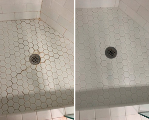 Before and After of a Ceramic Tile Shower Floor After Our Tile and Grout Cleaners Service in New City, NJ