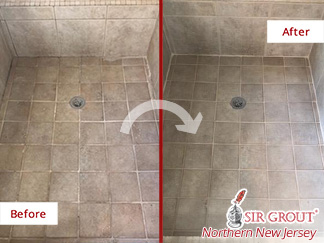 Picture of a Shower Floor Before and After a Grout Sealing Service in Ridgewood, NJ