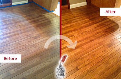 Sir Grout Refinished This Dull Blauvelt Wood Floor with a Sandless Refinishing Service to Recover Its Sheen Before and After Picture of a Blauvelt Wood Sandless Refinishing Service on a Dull Floor to Recover Its Sheen