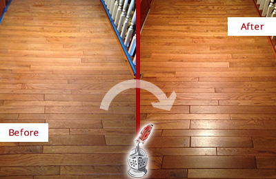 Sir Grout Refinished This Dull Blauvelt Hallway Floor with a Sandless Refinishing Service Before and After Picture of a Blauvelt Wood Sandless Refinishing Service on a Dull Hallway