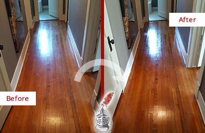 Sir Grout Refinished This Blauvelt Wood Floor with a Sandless Refinishing Service to Eliminate Scratches Before and After Picture of a Blauvelt Wood Sandless Refinishing Service on a Floor to Eliminate Scratches