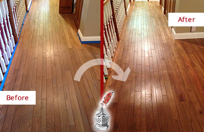 Sir Grout Refinished This Worn Out Blauvelt Wood Floor with a Sandless Refinishing Service Before and After Picture of a Blauvelt Wood Sandless Refinishing Service on a Worn Out Floor