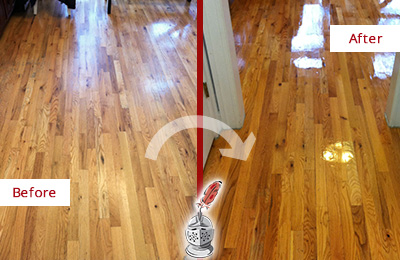 Sir Grout Refinished This Worn Out Blauvelt Hallway Floor with a Sandless Refinishing Service Before and After Picture of a Blauvelt Wood Sandless Refinishing Service on a Worn Out Hallway