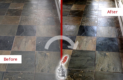 Sir Grout Seals this Dull Blauvelt Slate Floor to Bring Back Its Colors Before and After Picture of a Dull Blauvelt Slate Floor Sealed to Bring Back Its Colors