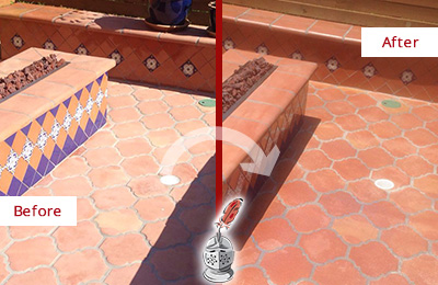 Sir Grout Seals this Dull Blauvelt Terracotta Patio Floor For UV Protection Before and After Picture of a Dull Blauvelt Terracotta Patio Floor Sealed For UV Protection