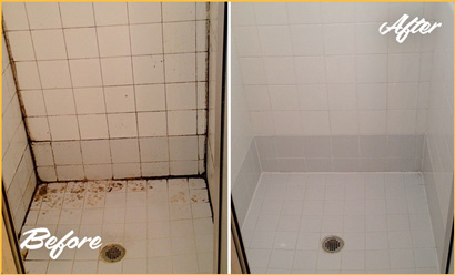 Before and After Picture of Water Damage Repair of Moldy Shower