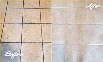 Before and after picture of a grout repair, recolor and sealing