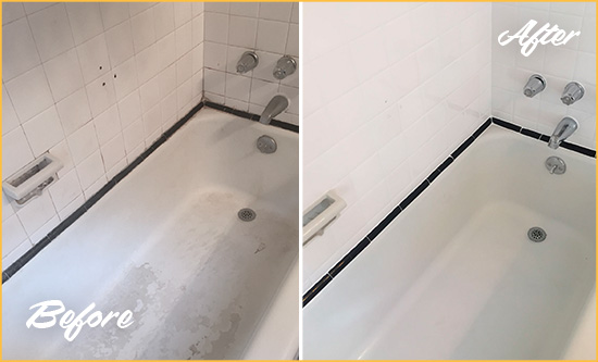 Picture of a Large Tub with Stained and Damaged Caulk Before and After a Tub Recaulking