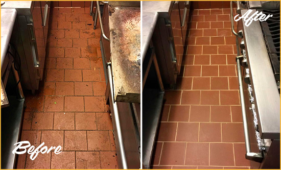 Before and After Picture of a Bergenfield Restaurant Kitchen Tile and Grout Cleaned to Eliminate Dirt and Grease Build-Up